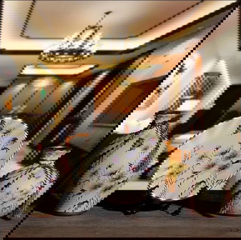 WISTERIA Vintage Ceramic Vase Set with Hand-Painted Dried Flowers Victorian 3Pcs Tabletop Amphora for Ancient Style Interior Arrangement Wedding Decorations - Grand Goldman