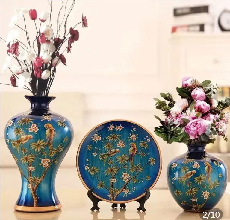 WISTERIA Vintage Ceramic Vase Set with Hand-Painted Dried Flowers Victorian 3Pcs Tabletop Amphora for Ancient Style Interior Arrangement Wedding Decorations - Grand Goldman