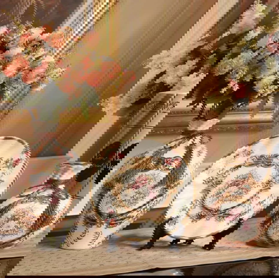 WISTERIA Vintage Ceramic Vase Set with Hand-Painted Dried Flowers Victorian 3Pcs Tabletop Amphora for Ancient Style Interior Arrangement Wedding Decorations - Grand Goldman