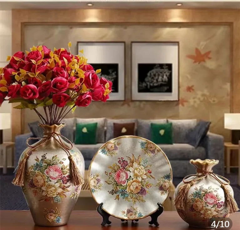 WISTERIA Vintage Ceramic Vase Set with Hand-Painted Dried Flowers Victorian 3Pcs Tabletop Amphora for Ancient Style Interior Arrangement Wedding Decorations - Grand Goldman