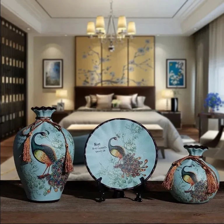 WISTERIA Vintage Ceramic Vase Set with Hand-Painted Dried Flowers Victorian 3Pcs Tabletop Amphora for Ancient Style Interior Arrangement Wedding Decorations - Grand Goldman