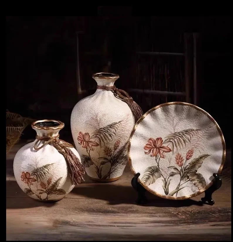 WISTERIA Vintage Ceramic Vase Set with Hand-Painted Dried Flowers Victorian 3Pcs Tabletop Amphora for Ancient Style Interior Arrangement Wedding Decorations - Grand Goldman