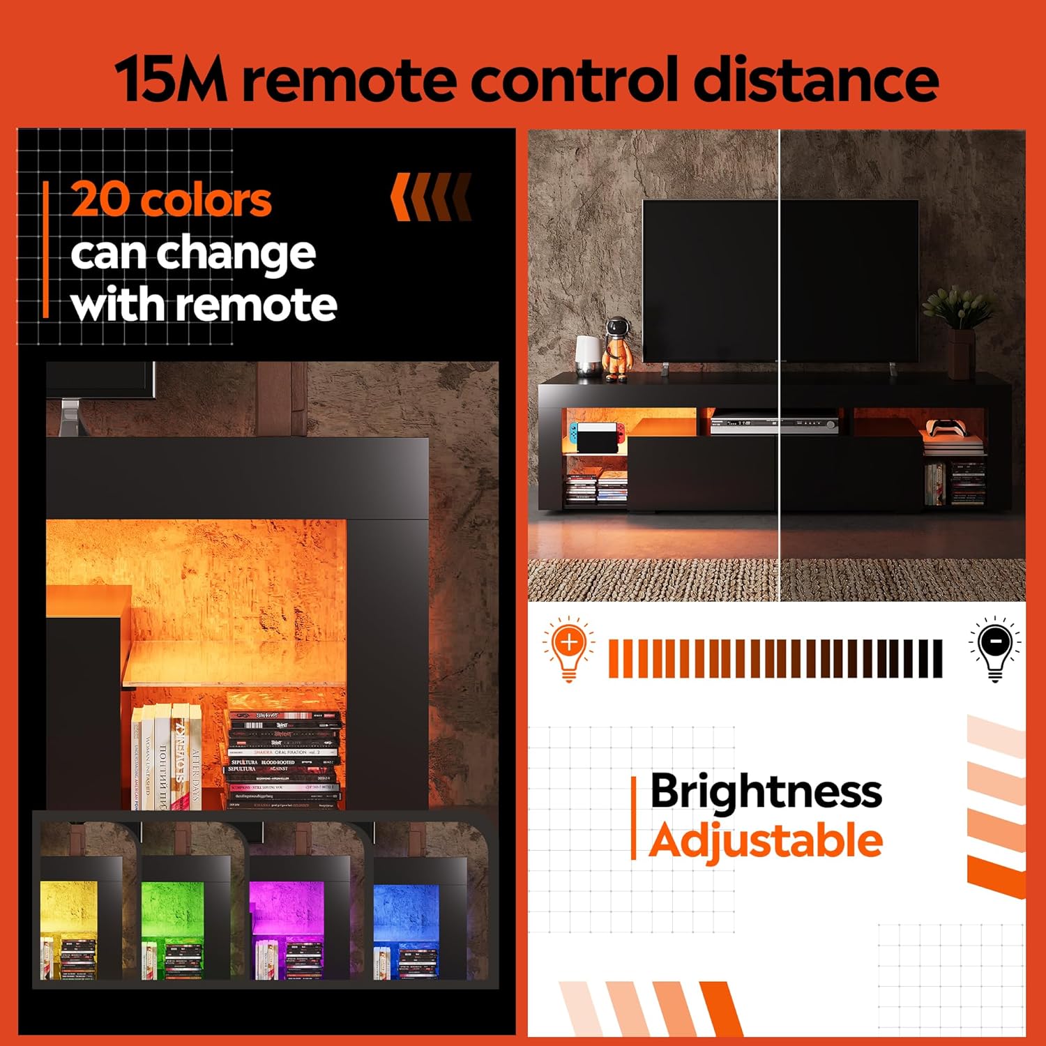 WLIVE 63 Inch TV Stand, LED Entertainment Center for 60 to 70 Inch TV, Modern TV Console with 2 Drawers, TV Stands for Living Room, Black - Grand Goldman