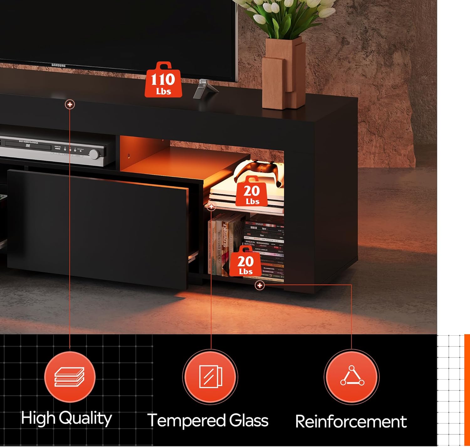 WLIVE 63 Inch TV Stand, LED Entertainment Center for 60 to 70 Inch TV, Modern TV Console with 2 Drawers, TV Stands for Living Room, Black - Grand Goldman