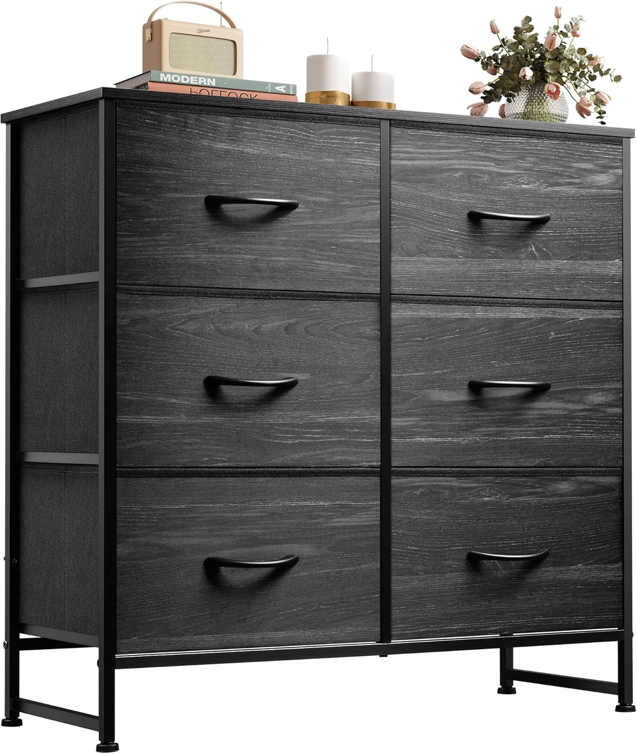 WLIVE 6 Drawer Dresser for Bedroom, Fabric Double Dresser, Storage Tower with Fabric Bins, Chest of Drawers for Closet, Living Room, Hallway, Rustic Brown Wood Grain Print - Grand Goldman