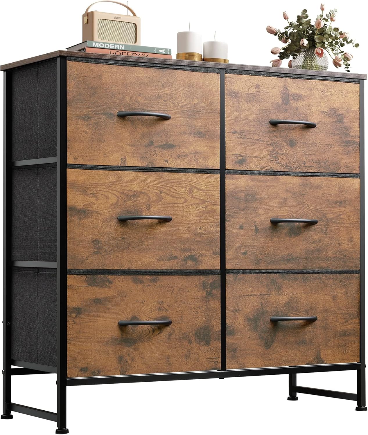 WLIVE 6 Drawer Dresser for Bedroom, Fabric Double Dresser, Storage Tower with Fabric Bins, Chest of Drawers for Closet, Living Room, Hallway, Rustic Brown Wood Grain Print - Grand Goldman
