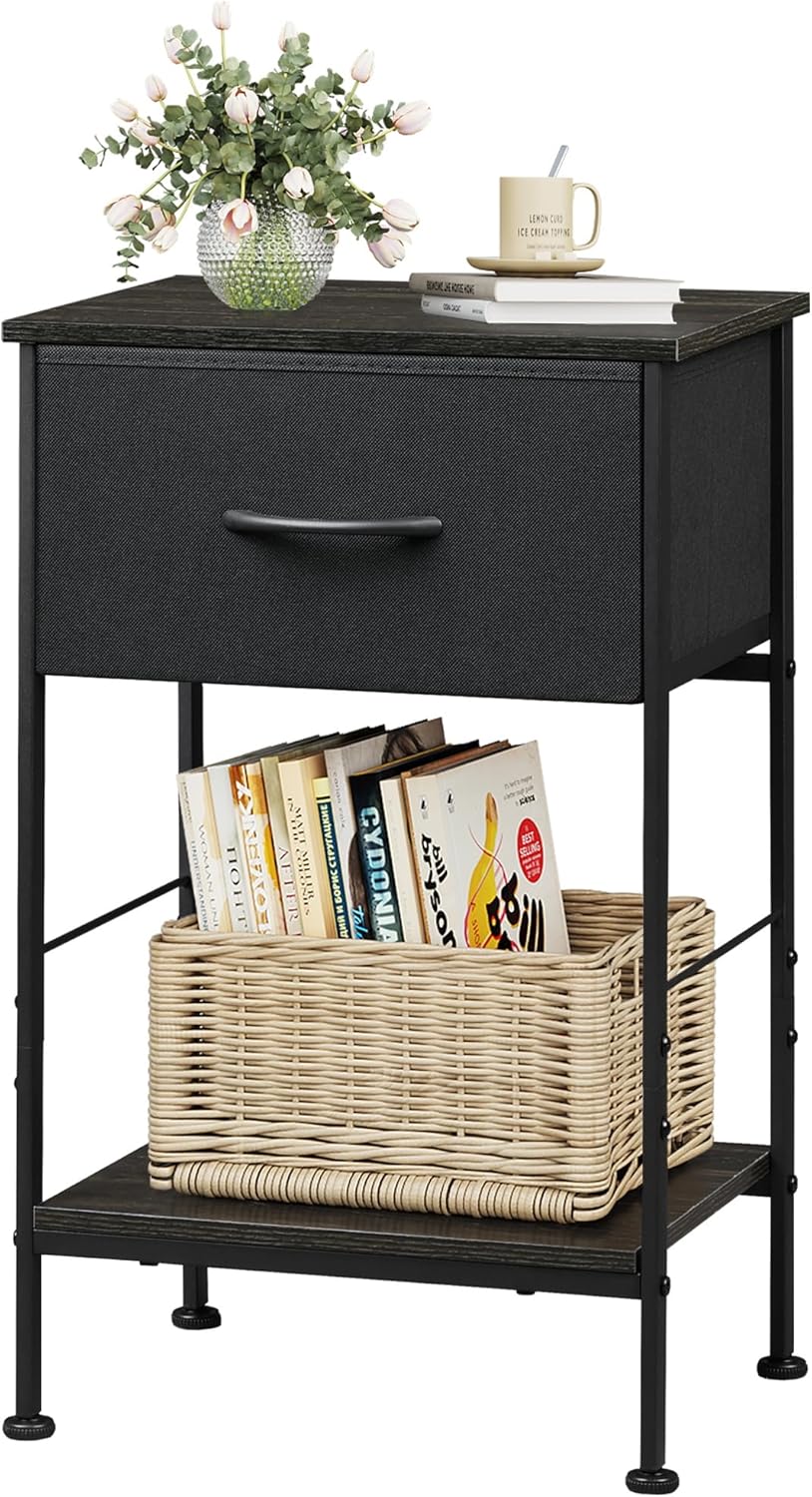 WLIVE Black Nightstand, Bedside Table with Fabric Storage Drawer, Open Wood Shelf, Bed Side Table, Night Stand for Bedroom Furniture, End Table for Living Room, Dorm, Entryway, 25.03" Height - Grand Goldman