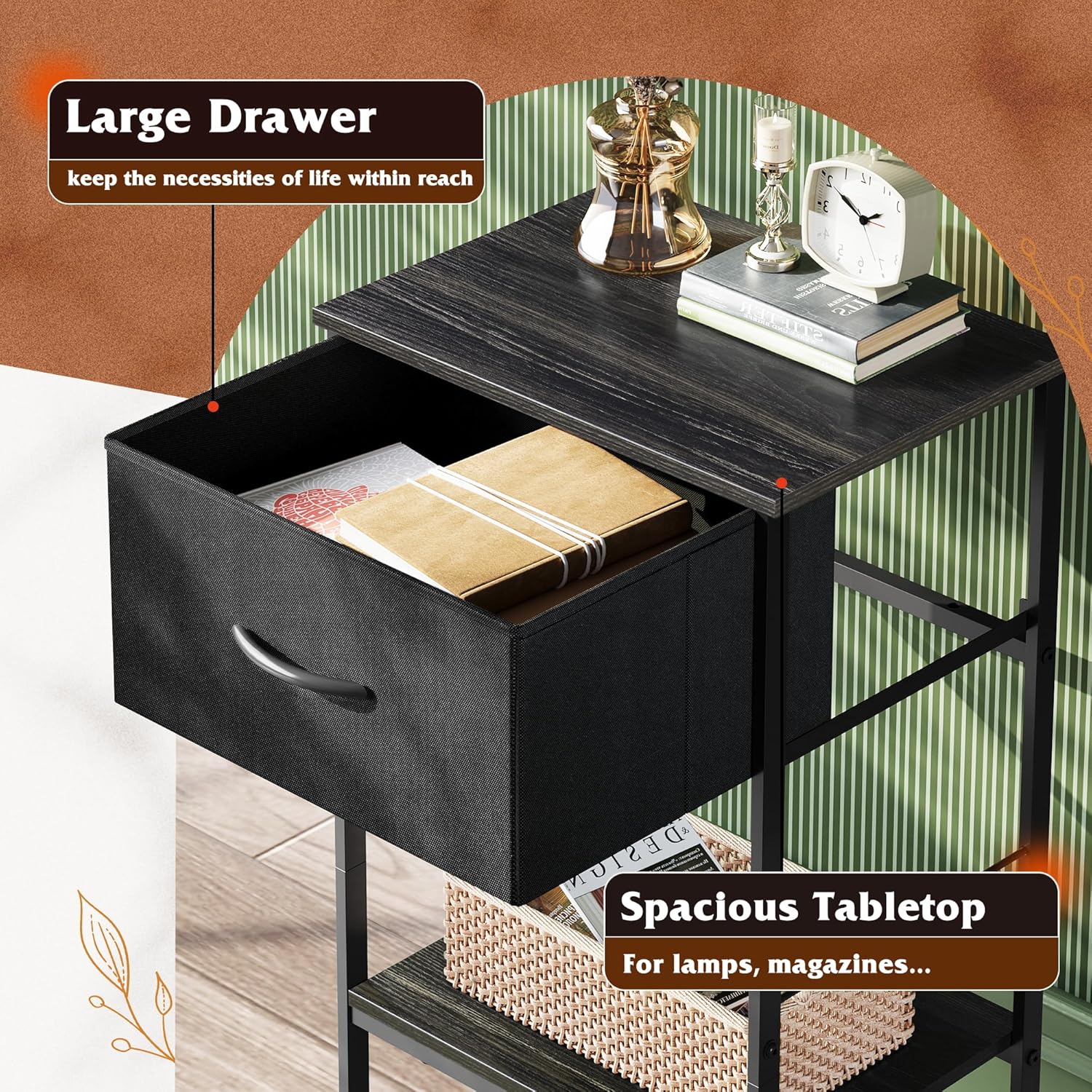 WLIVE Black Nightstand, Bedside Table with Fabric Storage Drawer, Open Wood Shelf, Bed Side Table, Night Stand for Bedroom Furniture, End Table for Living Room, Dorm, Entryway, 25.03" Height - Grand Goldman