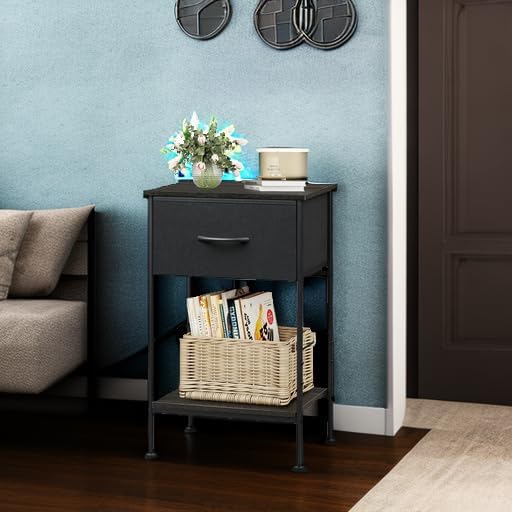 WLIVE Black Nightstand, Bedside Table with Fabric Storage Drawer, Open Wood Shelf, Bed Side Table, Night Stand for Bedroom Furniture, End Table for Living Room, Dorm, Entryway, 25.03" Height - Grand Goldman