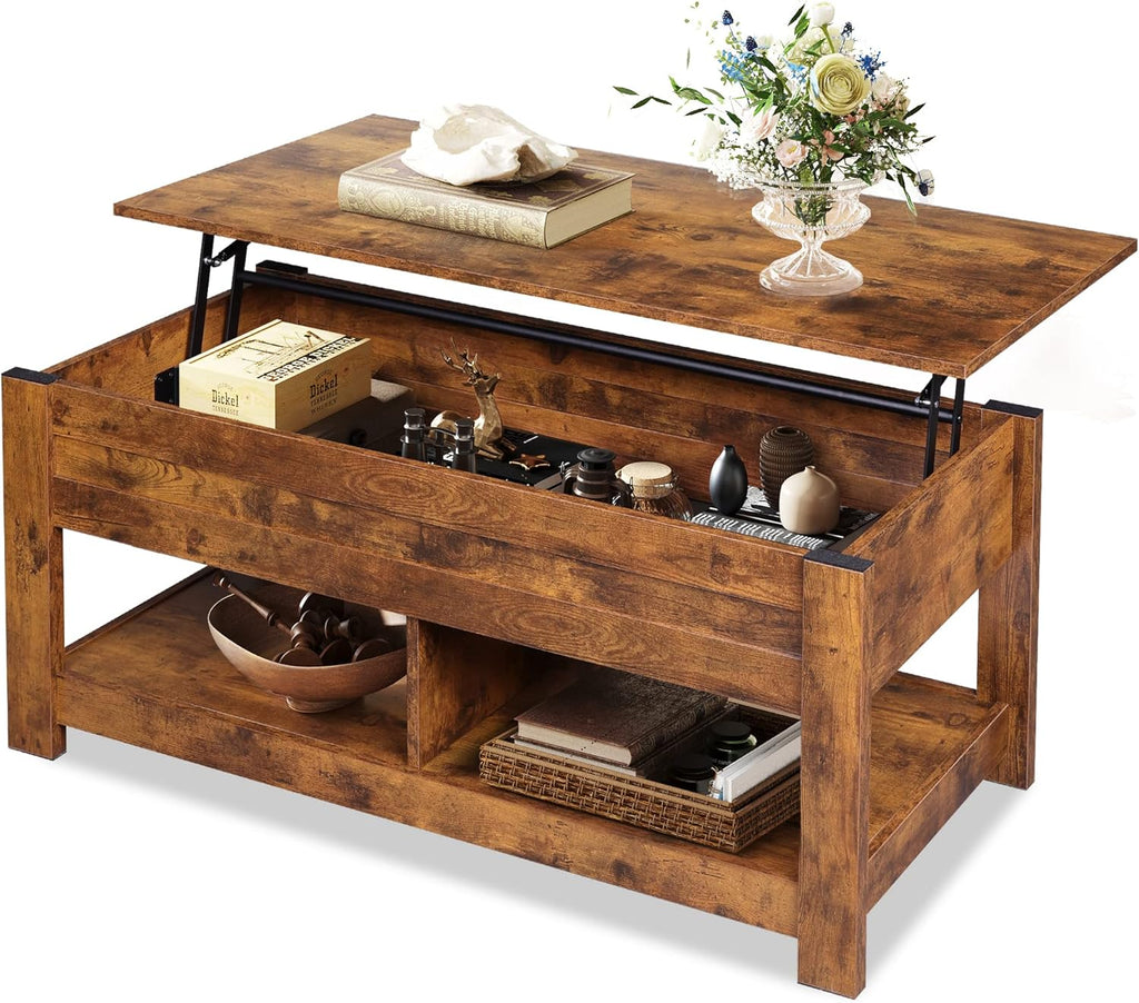 WLIVE Coffee Table, 39" Lift Top Coffee Table with Hidden Compartment and Storage Shelf for Living Room, Red-Brown - Grand Goldman