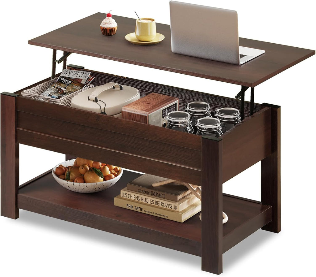 WLIVE Coffee Table, 39" Lift Top Coffee Table with Hidden Compartment and Storage Shelf for Living Room, Red-Brown - Grand Goldman