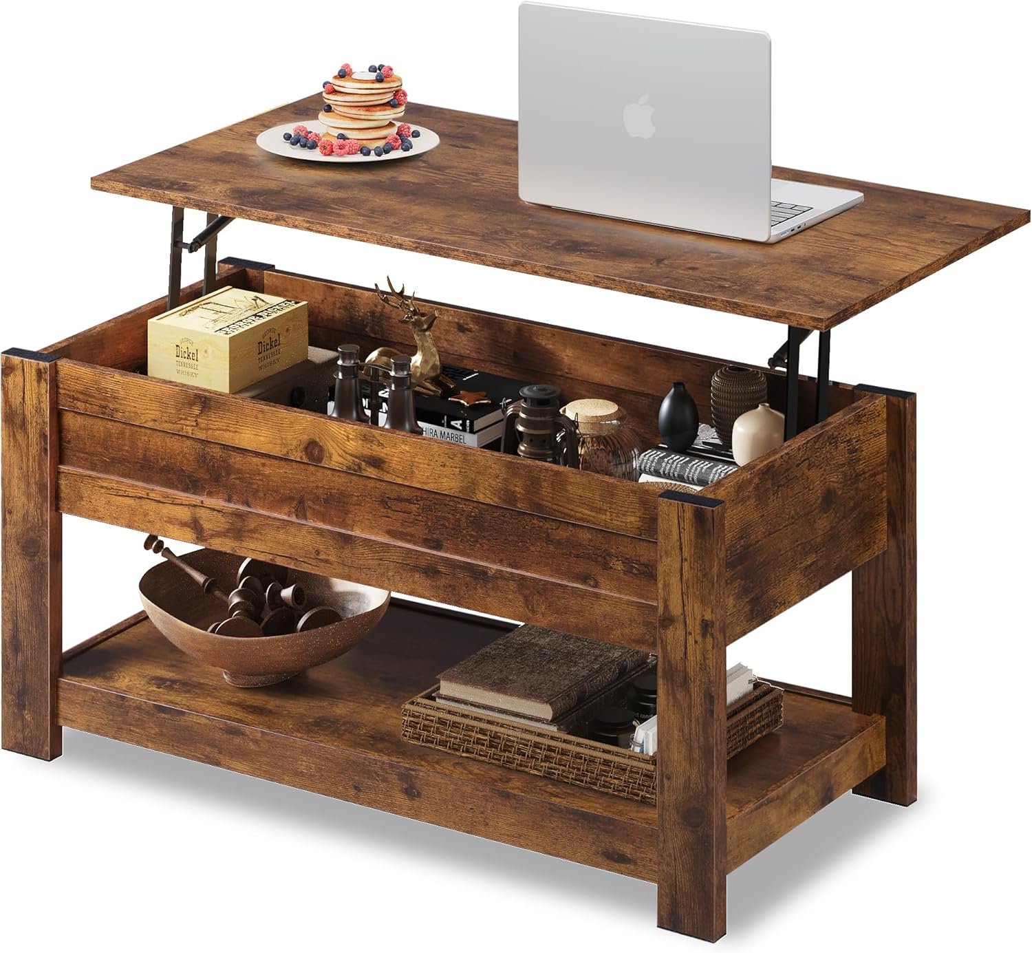 WLIVE Coffee Table, 39" Lift Top Coffee Table with Hidden Compartment and Storage Shelf for Living Room, Red-Brown - Grand Goldman