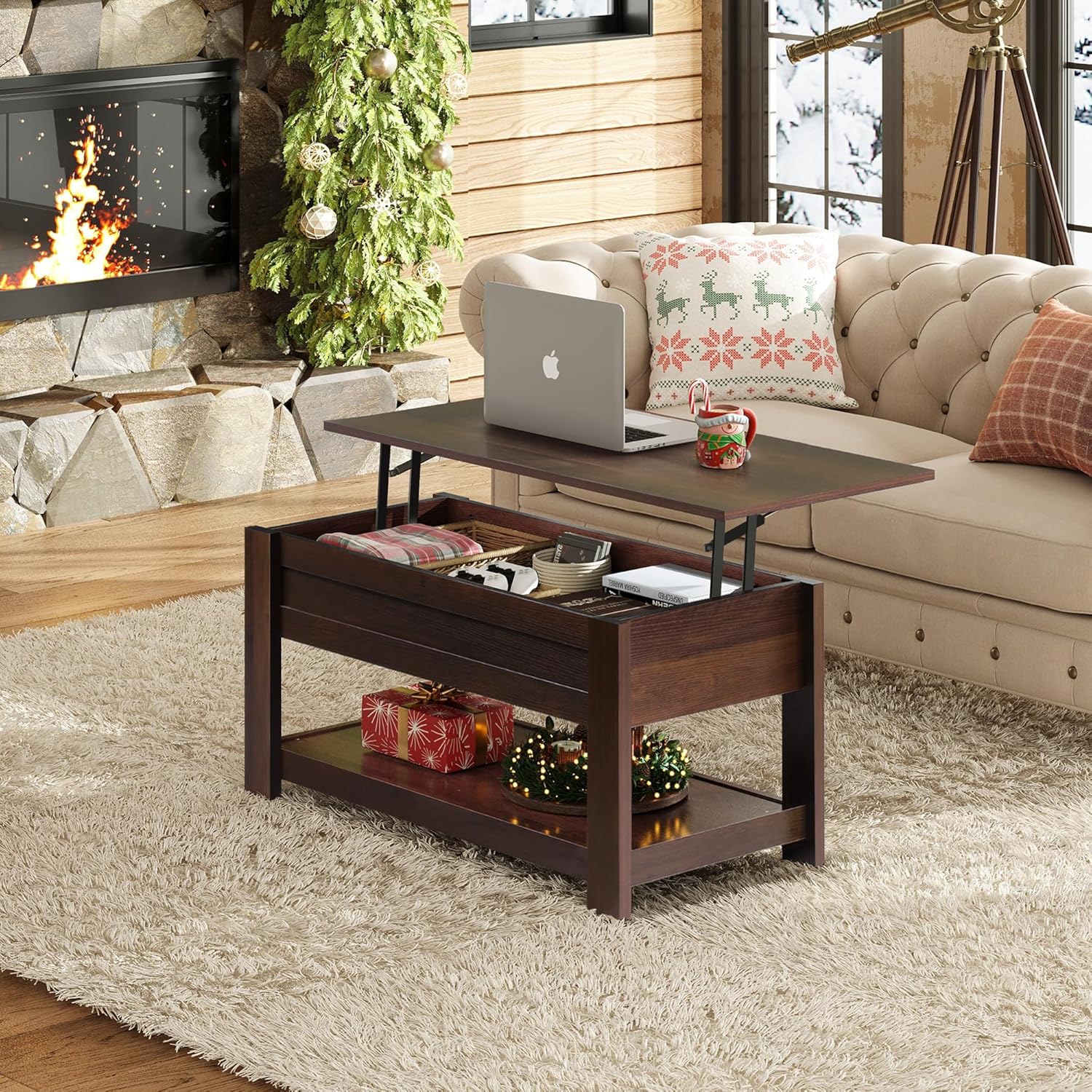 WLIVE Coffee Table, 39" Lift Top Coffee Table with Hidden Compartment and Storage Shelf for Living Room, Red-Brown - Grand Goldman