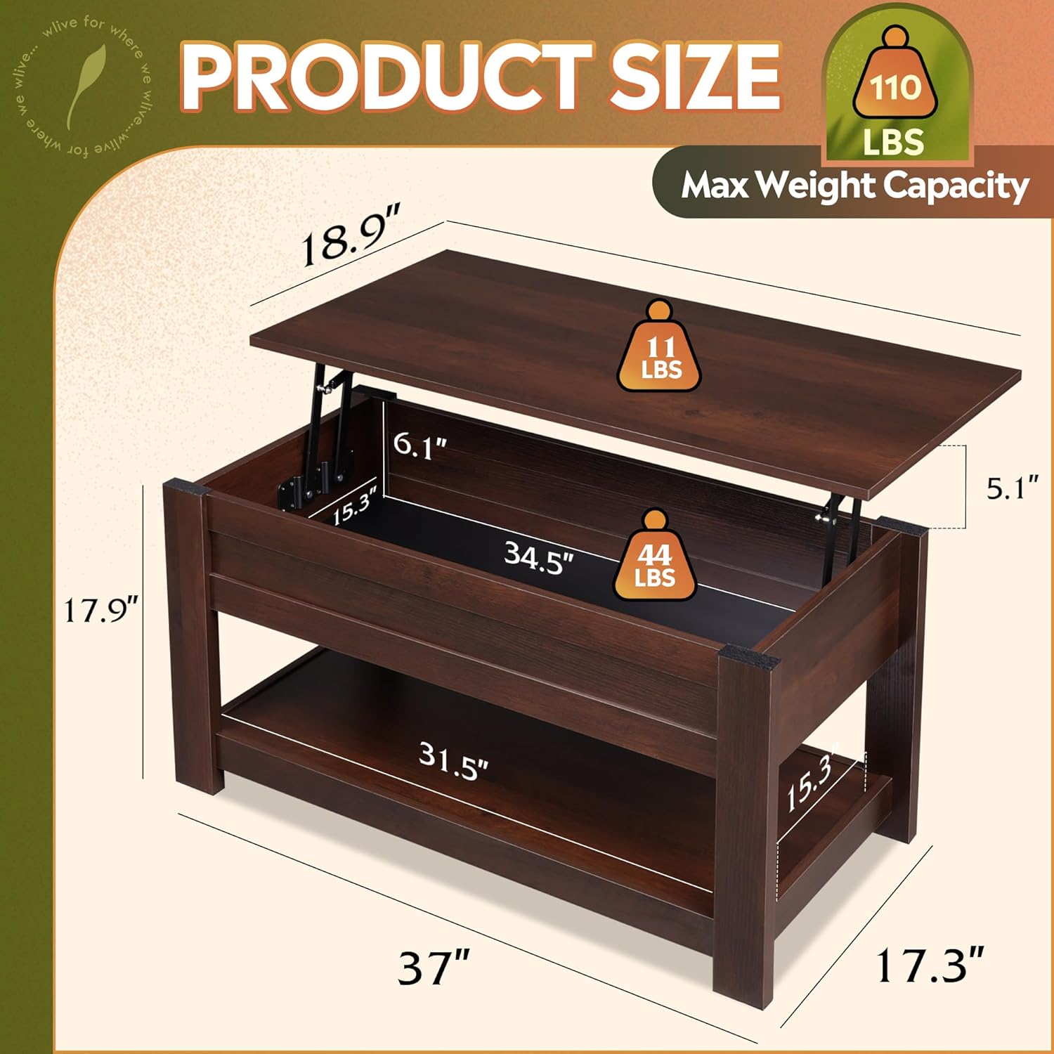 WLIVE Coffee Table, 39" Lift Top Coffee Table with Hidden Compartment and Storage Shelf for Living Room, Red-Brown - Grand Goldman