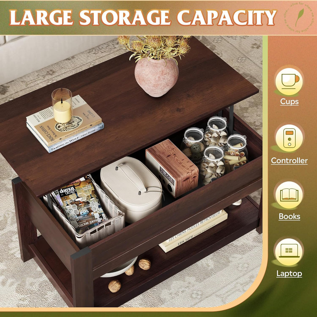 WLIVE Coffee Table, 39" Lift Top Coffee Table with Hidden Compartment and Storage Shelf for Living Room, Red-Brown - Grand Goldman