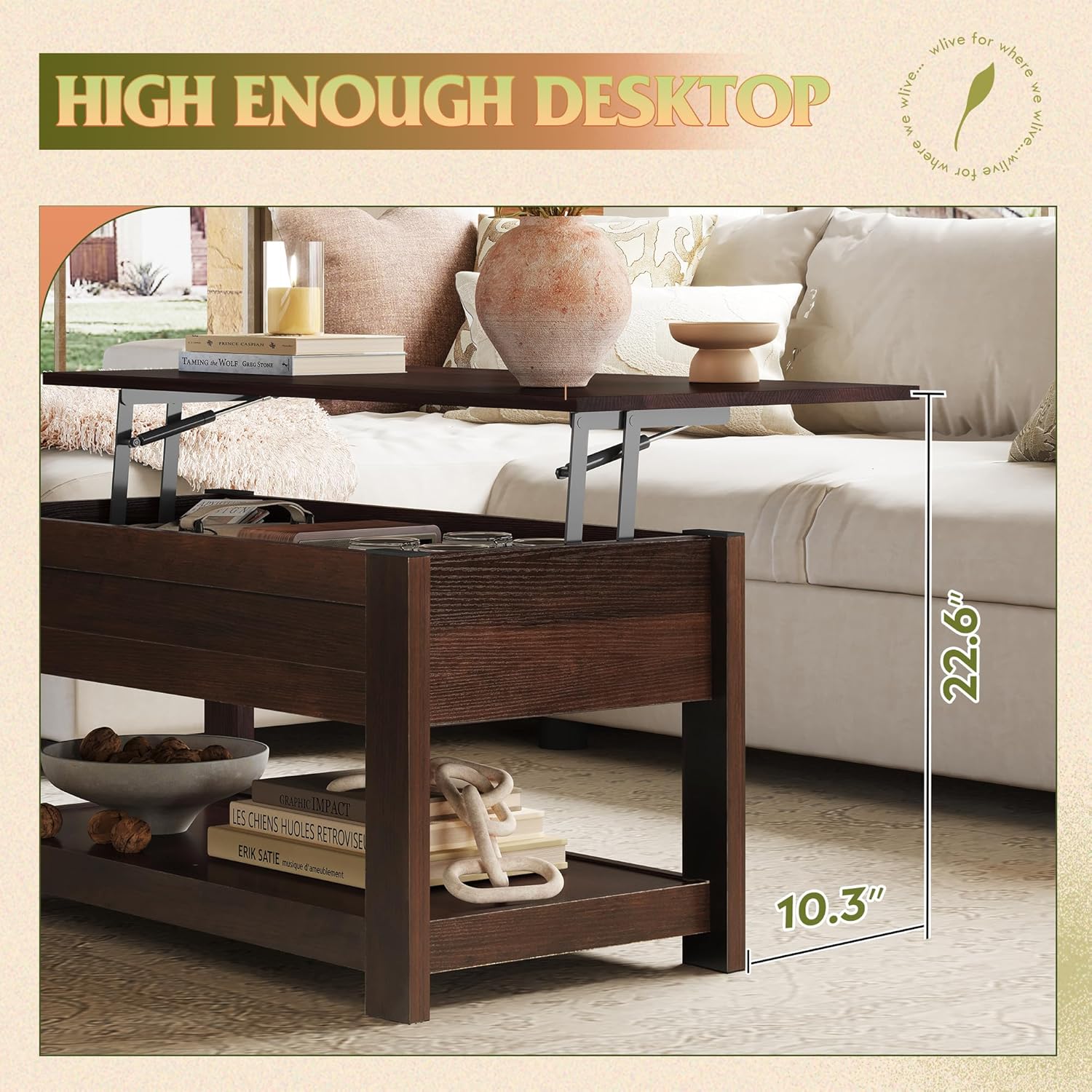 WLIVE Coffee Table, 39" Lift Top Coffee Table with Hidden Compartment and Storage Shelf for Living Room, Red-Brown - Grand Goldman