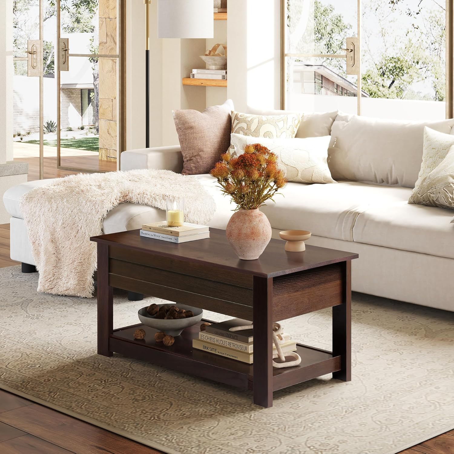 WLIVE Coffee Table, 39" Lift Top Coffee Table with Hidden Compartment and Storage Shelf for Living Room, Red-Brown - Grand Goldman