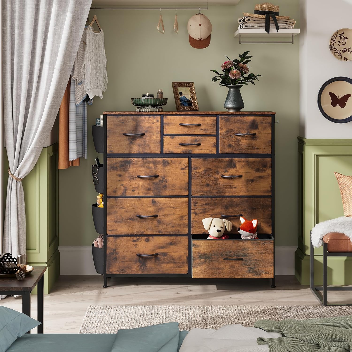WLIVE Dresser for Bedroom with 10 Drawers, Fabric Dresser Chest of Drawers with Side Pockets and Hooks, Sturdy Metal Frame, Drawers Organizer Unit for Room, Hallway, Rustic Brown Wood Grain Print - Grand Goldman