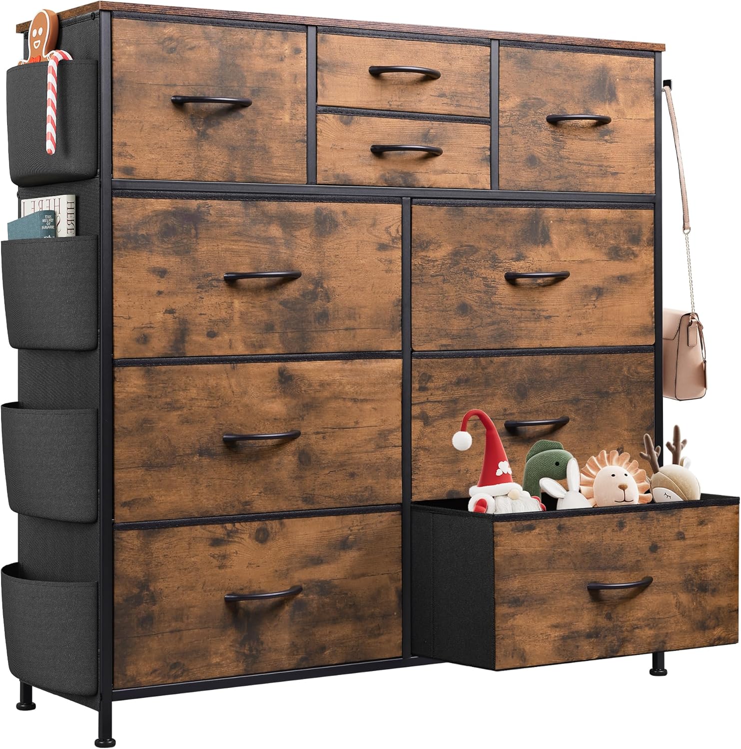 WLIVE Dresser for Bedroom with 10 Drawers, Fabric Dresser Chest of Drawers with Side Pockets and Hooks, Sturdy Metal Frame, Drawers Organizer Unit for Room, Hallway, Rustic Brown Wood Grain Print - Grand Goldman