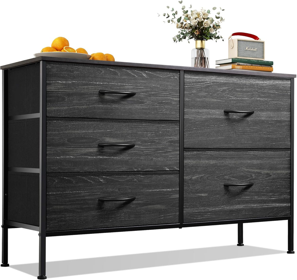 WLIVE Dresser for Bedroom with 5 Drawers, Wide Bedroom Dresser with Drawer Organizers, Chest of Drawers, Fabric Dresser for Living Room, Closet, Hallway, Charcoal Black Wood Grain Print - Grand Goldman