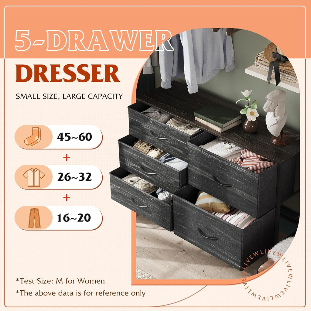 WLIVE Dresser for Bedroom with 5 Drawers, Wide Bedroom Dresser with Drawer Organizers, Chest of Drawers, Fabric Dresser for Living Room, Closet, Hallway, Charcoal Black Wood Grain Print - Grand Goldman