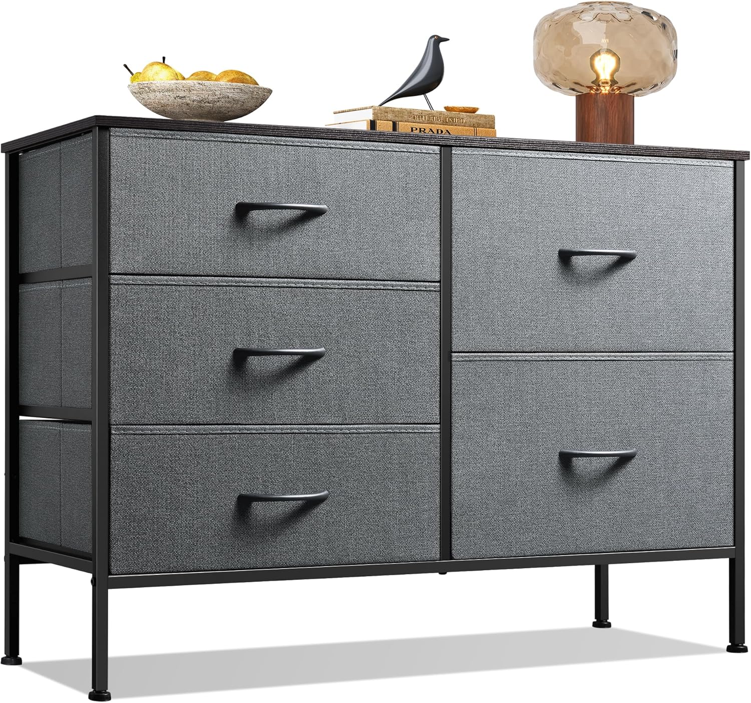WLIVE Dresser for Bedroom with 5 Drawers, Wide Bedroom Dresser with Drawer Organizers, Chest of Drawers, Fabric Dresser for Living Room, Closet, Hallway, Charcoal Black Wood Grain Print - Grand Goldman