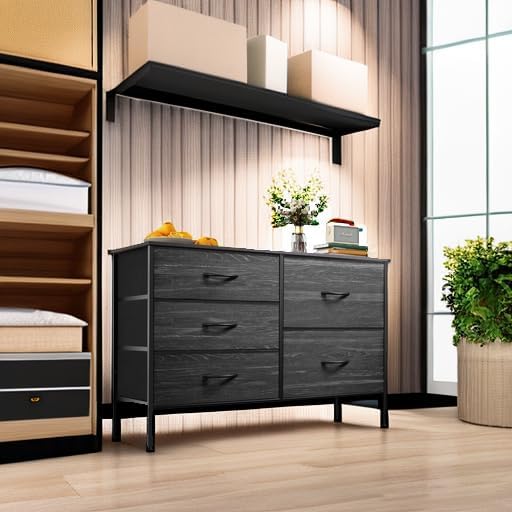 WLIVE Dresser for Bedroom with 5 Drawers, Wide Bedroom Dresser with Drawer Organizers, Chest of Drawers, Fabric Dresser for Living Room, Closet, Hallway, Charcoal Black Wood Grain Print - Grand Goldman