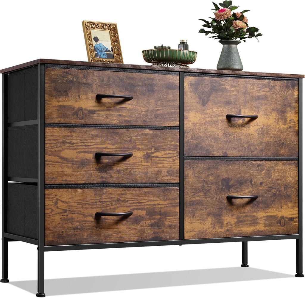 WLIVE Dresser for Bedroom with 5 Drawers, Wide Bedroom Dresser with Drawer Organizers, Chest of Drawers, Fabric Dresser for Living Room, Closet, Hallway, Charcoal Black Wood Grain Print - Grand Goldman