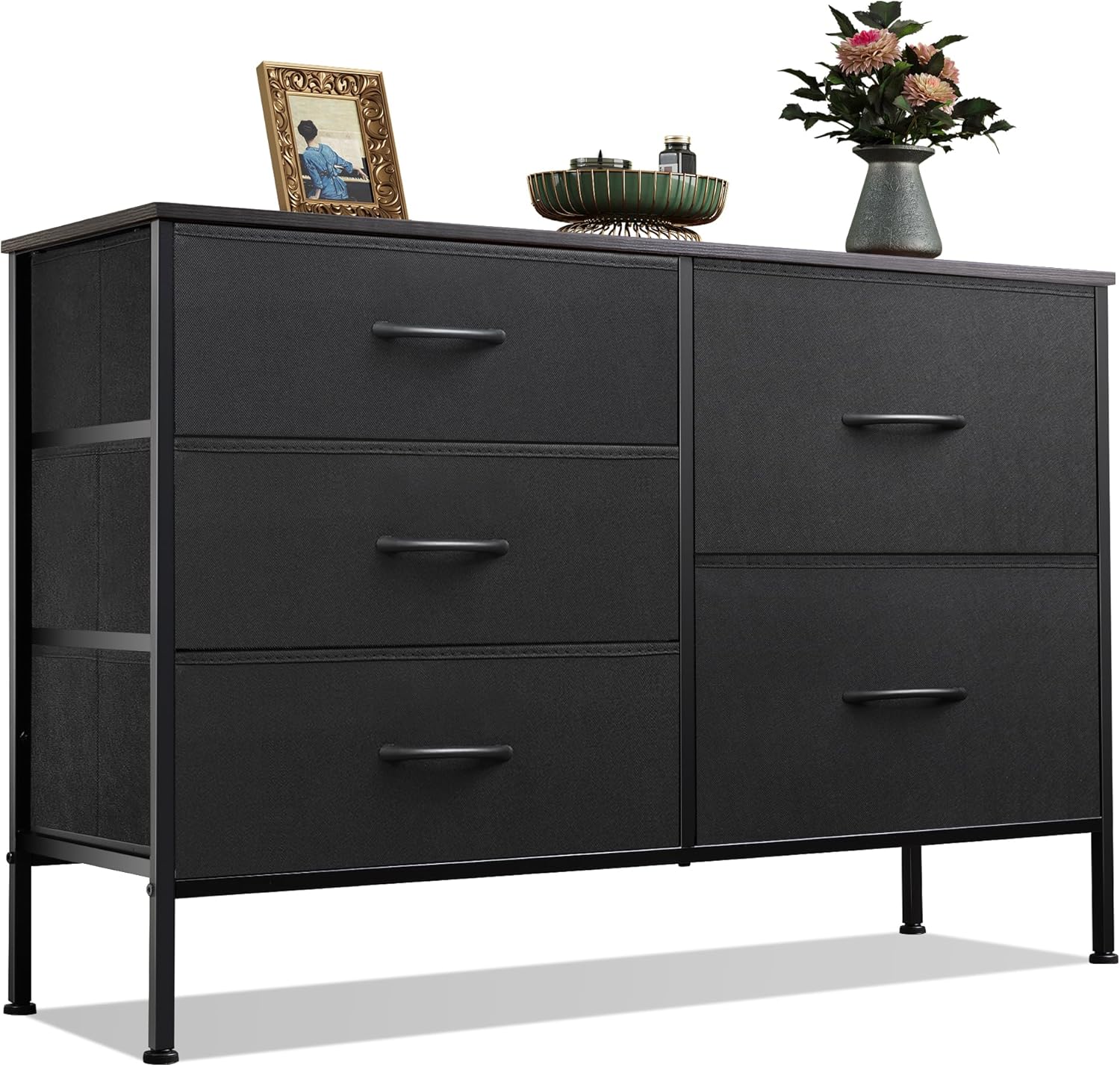 WLIVE Dresser for Bedroom with 5 Drawers, Wide Bedroom Dresser with Drawer Organizers, Chest of Drawers, Fabric Dresser for Living Room, Closet, Hallway, Charcoal Black Wood Grain Print - Grand Goldman