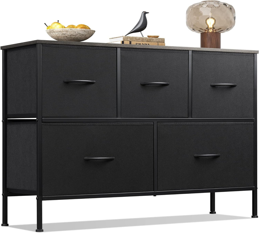 WLIVE Dresser for Bedroom with 5 Drawers, Wide Chest of Drawers, Fabric Dresser, Storage Organizer Unit with Fabric Bins for Closet, Living Room, Hallway, Dark Grey - Grand Goldman