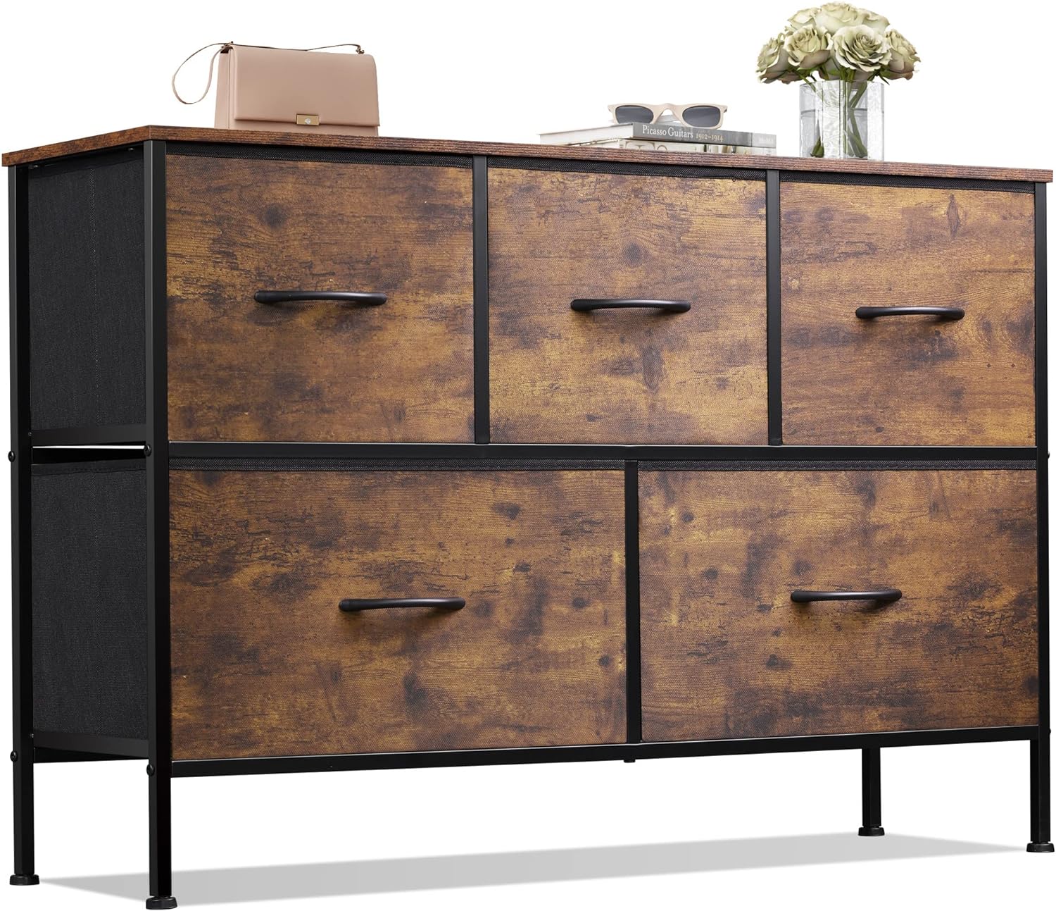 WLIVE Dresser for Bedroom with 5 Drawers, Wide Chest of Drawers, Fabric Dresser, Storage Organizer Unit with Fabric Bins for Closet, Living Room, Hallway, Dark Grey - Grand Goldman