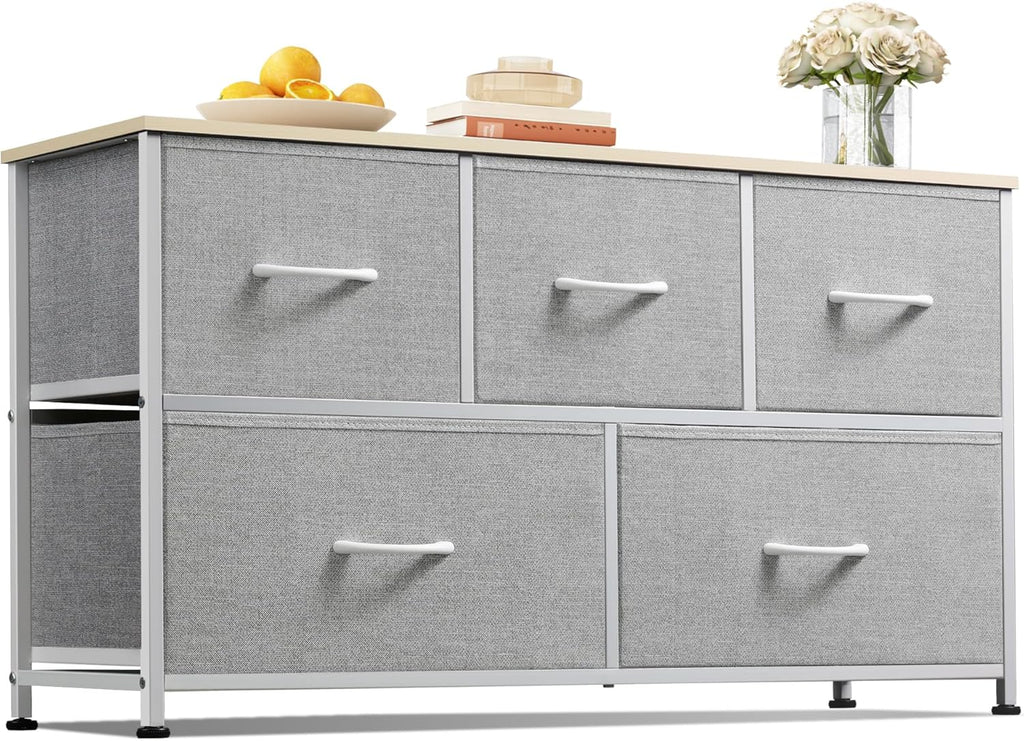 WLIVE Dresser for Bedroom with 5 Drawers, Wide Chest of Drawers, Fabric Dresser, Storage Organizer Unit with Fabric Bins for Closet, Living Room, Hallway, Dark Grey - Grand Goldman