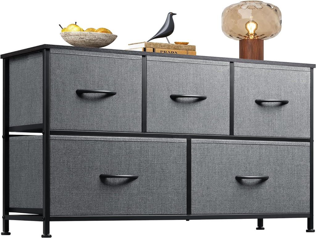 WLIVE Dresser for Bedroom with 5 Drawers, Wide Chest of Drawers, Fabric Dresser, Storage Organizer Unit with Fabric Bins for Closet, Living Room, Hallway, Dark Grey - Grand Goldman