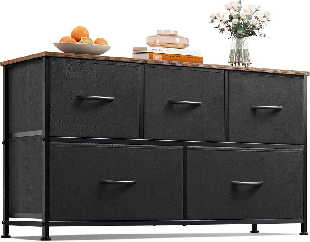 WLIVE Dresser for Bedroom with 5 Drawers, Wide Chest of Drawers, Fabric Dresser, Storage Organizer Unit with Fabric Bins for Closet, Living Room, Hallway, Dark Grey - Grand Goldman