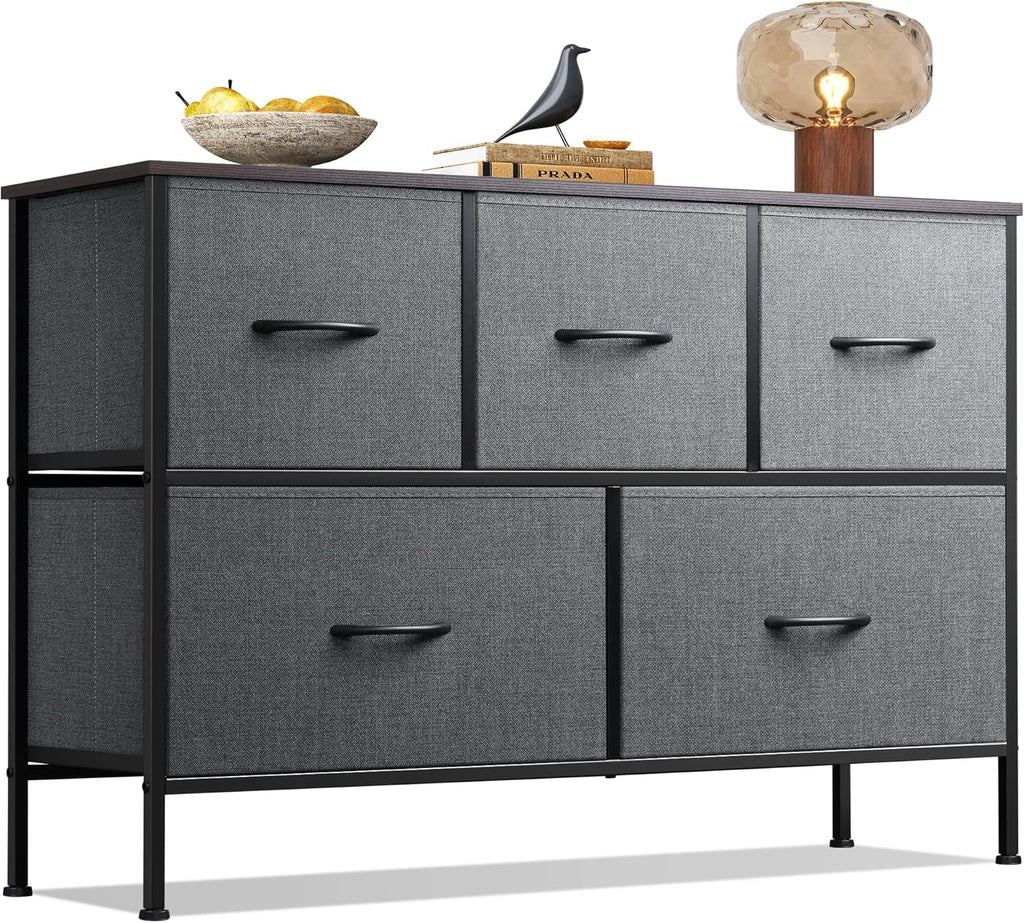 WLIVE Dresser for Bedroom with 5 Drawers, Wide Chest of Drawers, Fabric Dresser, Storage Organizer Unit with Fabric Bins for Closet, Living Room, Hallway, Dark Grey - Grand Goldman