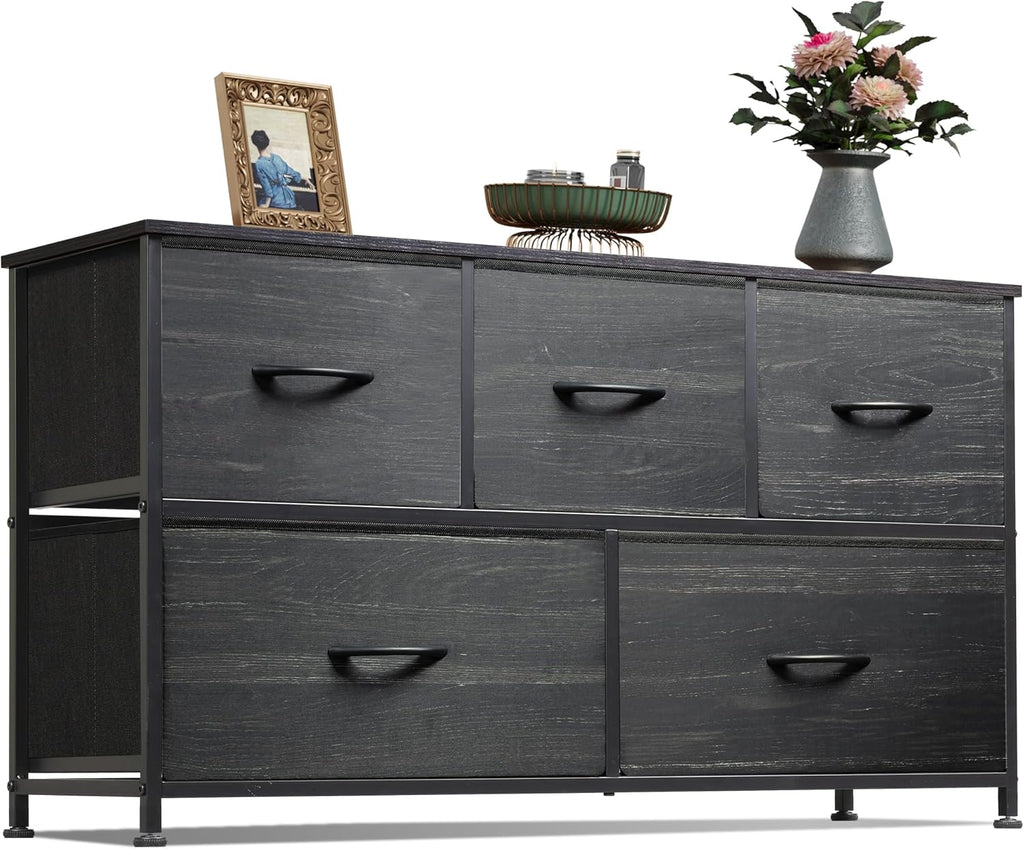 WLIVE Dresser for Bedroom with 5 Drawers, Wide Chest of Drawers, Fabric Dresser, Storage Organizer Unit with Fabric Bins for Closet, Living Room, Hallway, Dark Grey - Grand Goldman