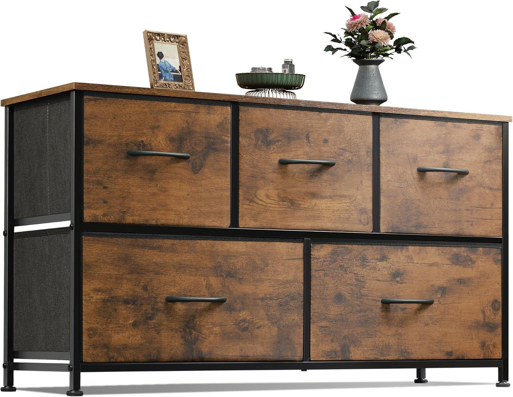 WLIVE Dresser for Bedroom with 5 Drawers, Wide Chest of Drawers, Fabric Dresser, Storage Organizer Unit with Fabric Bins for Closet, Living Room, Hallway, Dark Grey - Grand Goldman