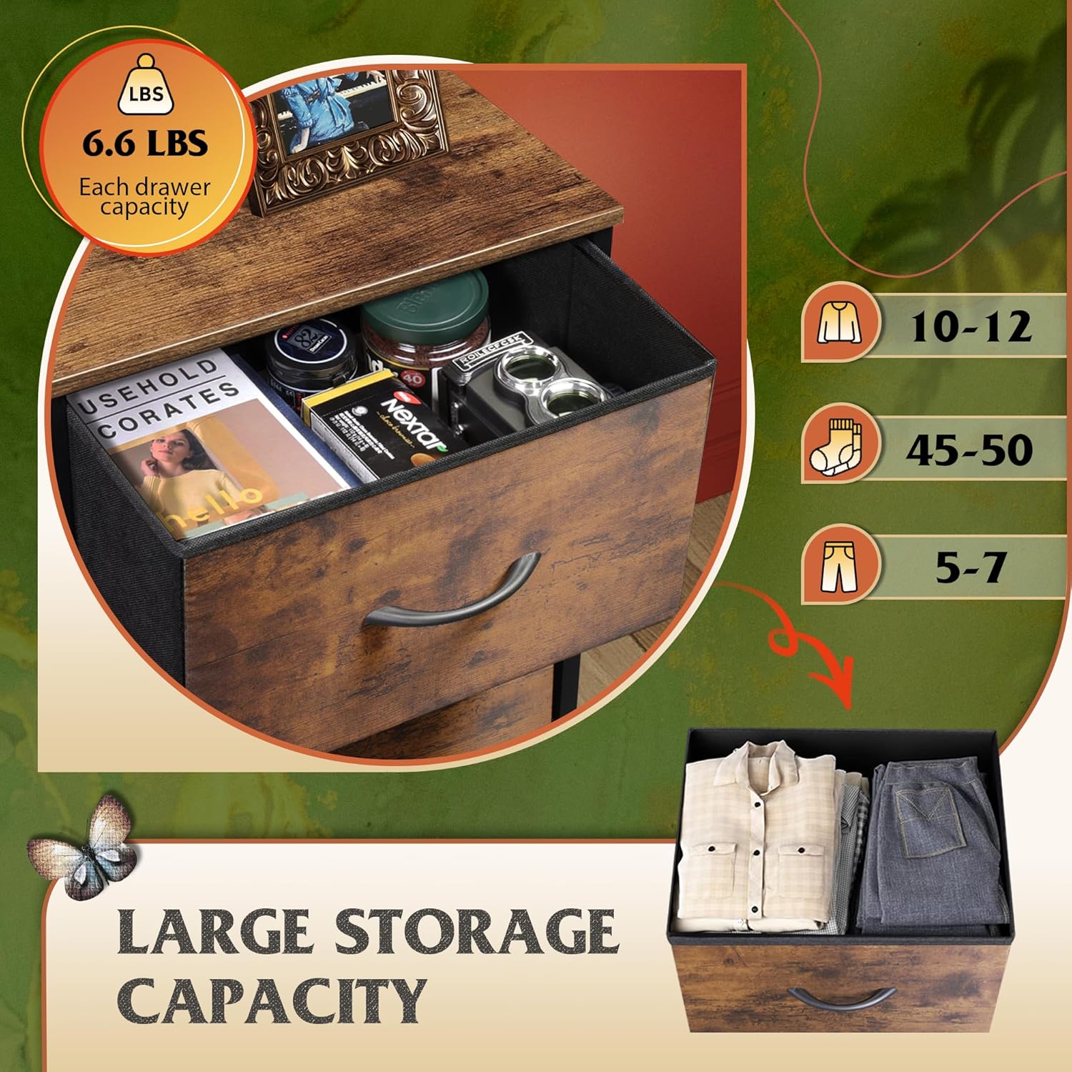 WLIVE Fabric Dresser, 5-Drawer Tall Dresser for Bedroom, Storage Dresser Organizer with Fabric Bins, Wood Top, Sturdy Steel Frame, Chest of Drawers for Closet, Hallway, Rustic Brown Wood Grain Print - Grand Goldman