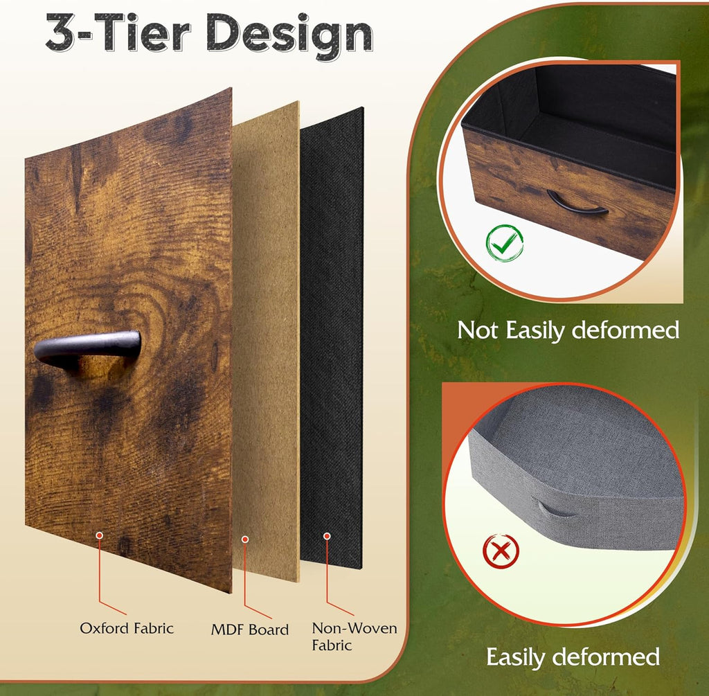 WLIVE Fabric Dresser, 5-Drawer Tall Dresser for Bedroom, Storage Dresser Organizer with Fabric Bins, Wood Top, Sturdy Steel Frame, Chest of Drawers for Closet, Hallway, Rustic Brown Wood Grain Print - Grand Goldman