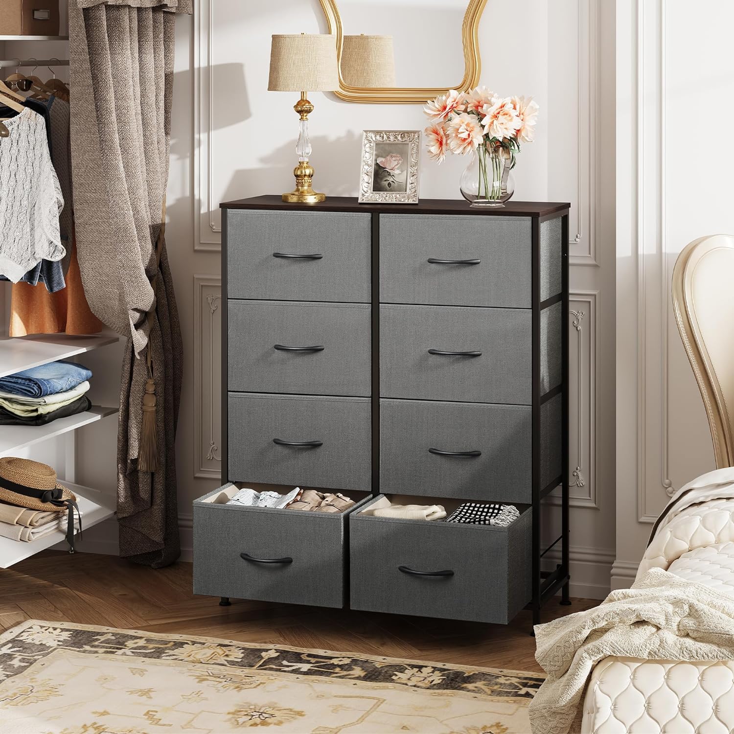 WLIVE Fabric Dresser for Bedroom, Tall Dresser with 8 Drawers, Storage Tower with Fabric Bins, Double Dresser, Chest of Drawers for Closet, Living Room, Hallway, Dark Gray - Grand Goldman