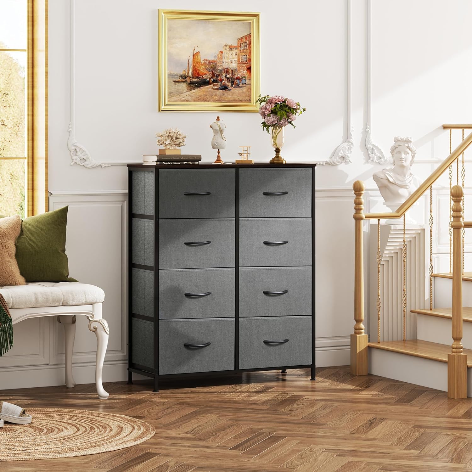 WLIVE Fabric Dresser for Bedroom, Tall Dresser with 8 Drawers, Storage Tower with Fabric Bins, Double Dresser, Chest of Drawers for Closet, Living Room, Hallway, Dark Gray - Grand Goldman