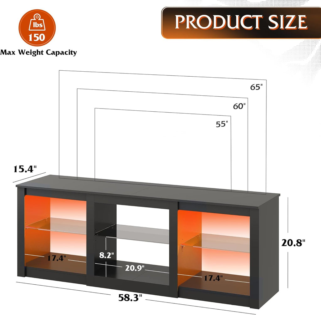 WLIVE LED TV Stand for 65-Inch TV, 58-Inch Entertainment Center with Adjustable Glass Shelves, Modern Media Console for Living Room & Bedroom, Black - Grand Goldman