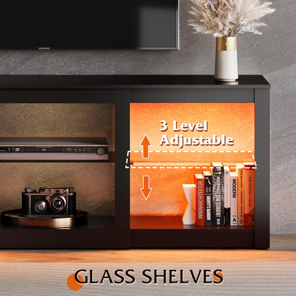 WLIVE LED TV Stand for 65-Inch TV, 58-Inch Entertainment Center with Adjustable Glass Shelves, Modern Media Console for Living Room & Bedroom, Black - Grand Goldman