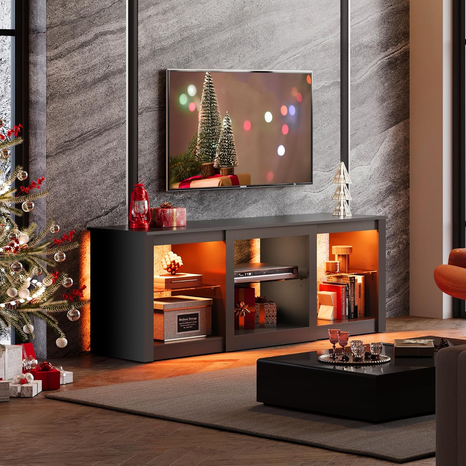 WLIVE LED TV Stand for 65-Inch TV, 58-Inch Entertainment Center with Adjustable Glass Shelves, Modern Media Console for Living Room & Bedroom, Black - Grand Goldman