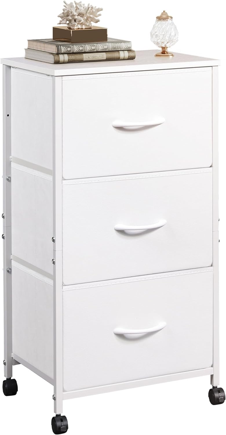 WLIVE Nightstand with 3 Drawers, Fabric Dresser, Organizer Unit, Storage Dresser for Bedroom, Hallway, Entryway, Closets, Sturdy Steel Frame, Wood Top, Easy Pull Handle, White - Grand Goldman