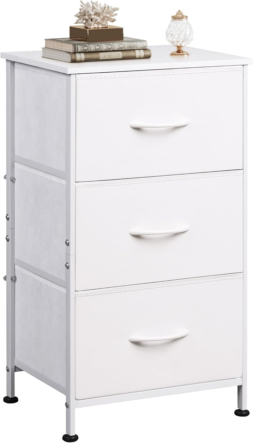 WLIVE Nightstand with 3 Drawers, Fabric Dresser, Organizer Unit, Storage Dresser for Bedroom, Hallway, Entryway, Closets, Sturdy Steel Frame, Wood Top, Easy Pull Handle, White - Grand Goldman