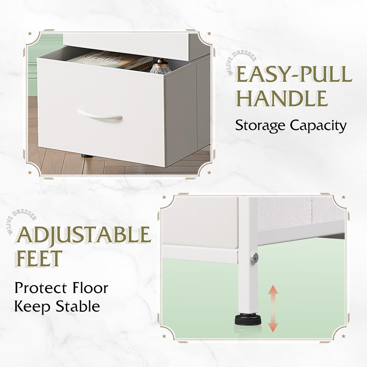 WLIVE Nightstand with 3 Drawers, Fabric Dresser, Organizer Unit, Storage Dresser for Bedroom, Hallway, Entryway, Closets, Sturdy Steel Frame, Wood Top, Easy Pull Handle, White - Grand Goldman