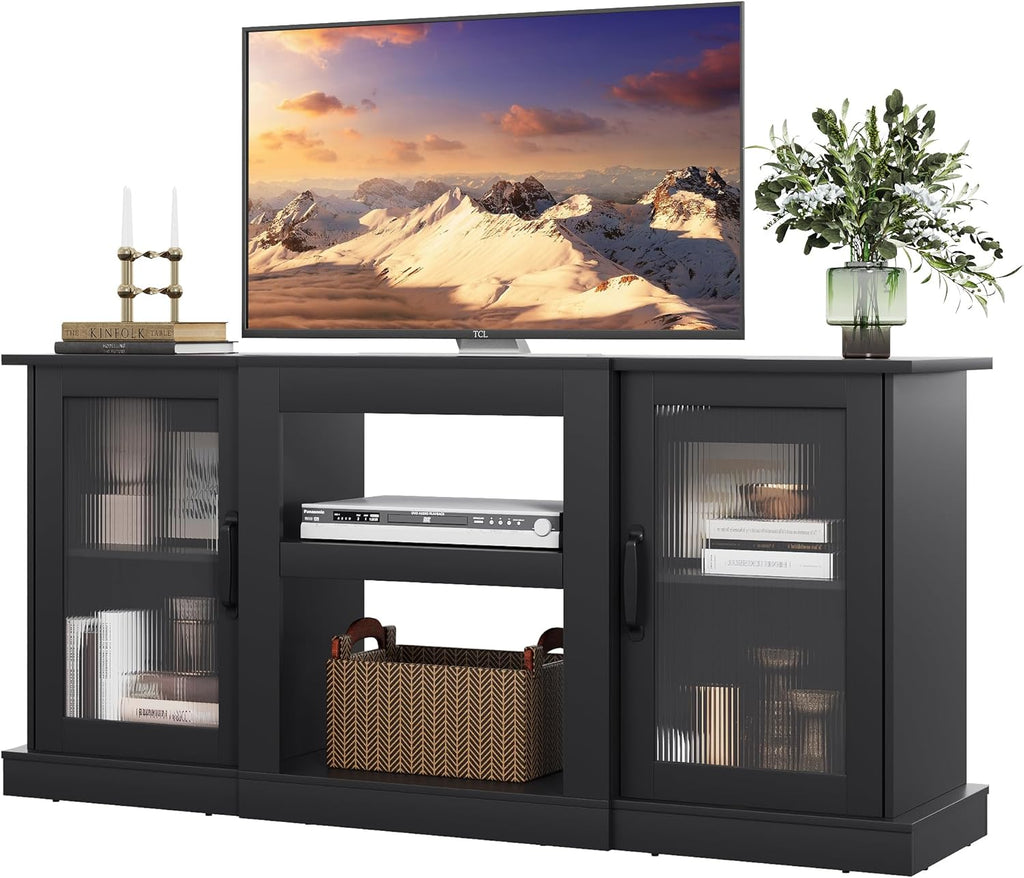 WLIVE Retro TV Stand for 65 inch TV, TV Console Cabinet with Storage, Open Shelves Entertainment Center for Living Room and Bedroom, Black - Grand Goldman