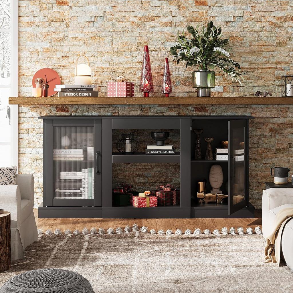 WLIVE Retro TV Stand for 65 inch TV, TV Console Cabinet with Storage, Open Shelves Entertainment Center for Living Room and Bedroom, Black - Grand Goldman