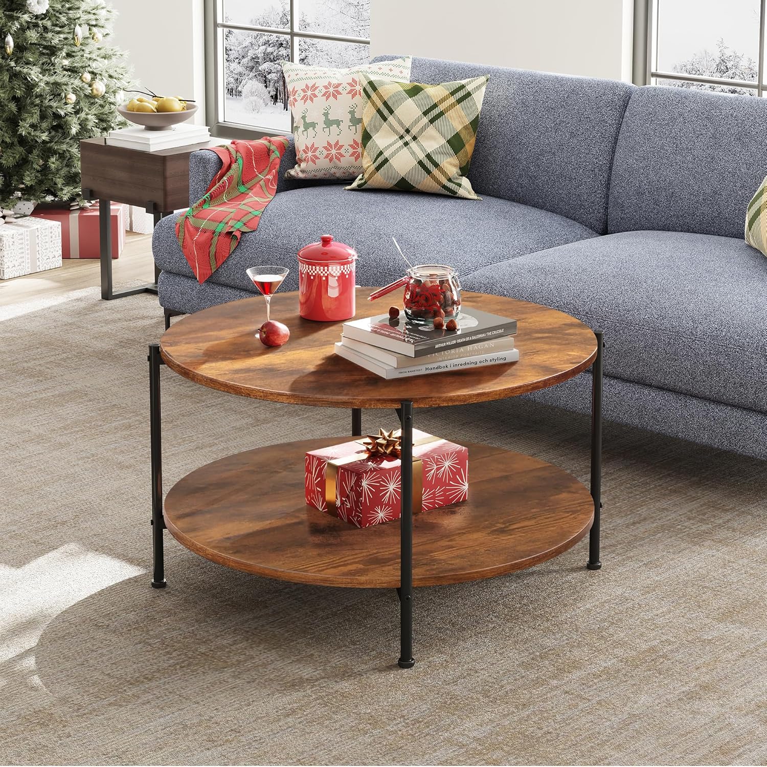 WLIVE Round Coffee Table, 32.6" Small Coffee Table with Open Storage Shelf, 2-Tier Industrial Circle Wood Center Table for Living Room, Rustic Brown - Grand Goldman